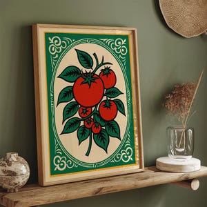 Rococo Tomato Kitchen Print: Retro Botanical Farmhouse Wall Art