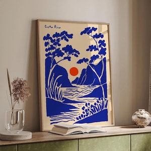 Costa Rica Travel Poster: Blue Landscape, Tropical Sunset Art