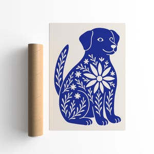 Blue Floral Dog Art Print: Whimsical Botanical Illustration