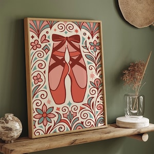 Elegant Ballet Pointe Shoes Art Print – Floral Poster for Dance Studio, Ballerina Room, Boho Wall Art & Gift for Ballet Lovers