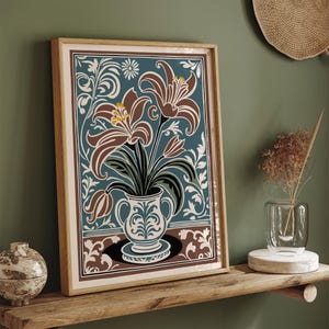 Póster floral Art Nouveau, elegante impresión botánica, decoración de jarrón de flores vintage, arte de pared retro, ilustración antigua clásica, obra de arte de gran tamaño