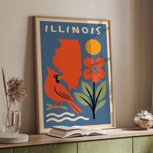 Affiche rétro de l'État de l'Illinois, art mural vintage Cardinal & fleurs sauvages, art coloré de la carte de l'état, art mural nature du Midwest, cadeau souvenir de l'Illinois