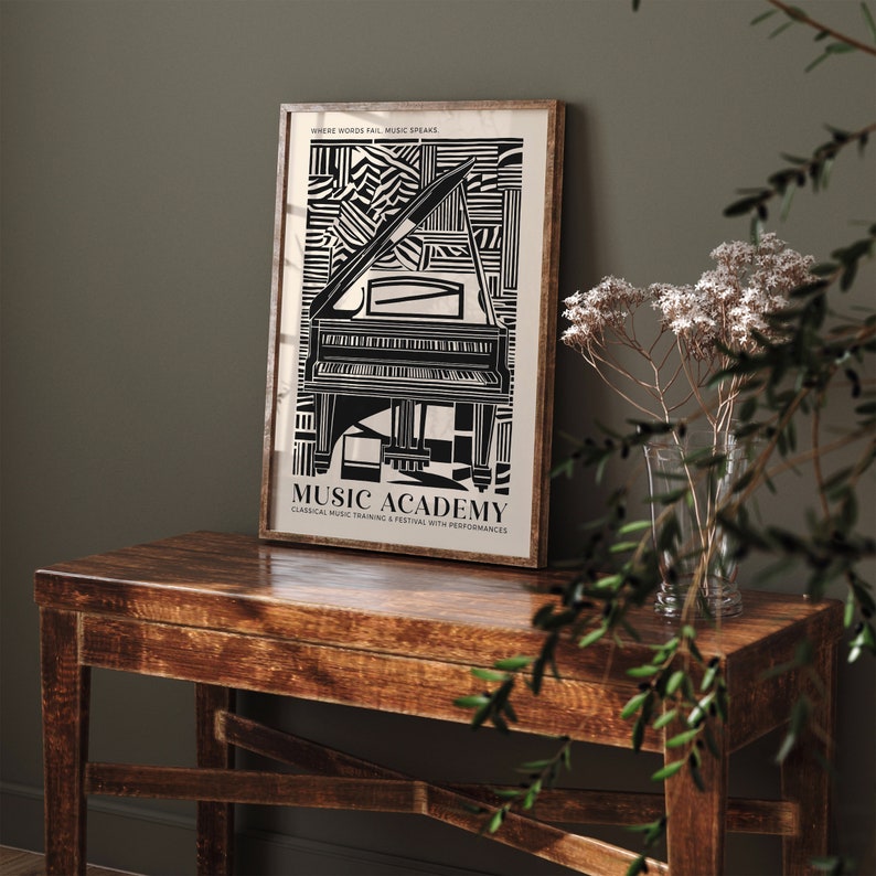Music Academy Poster, Piano Classical Music Print, Vintage Music Wall Art, California Concert Print, Travel Poster, Black and Beige Jazz Art image 5