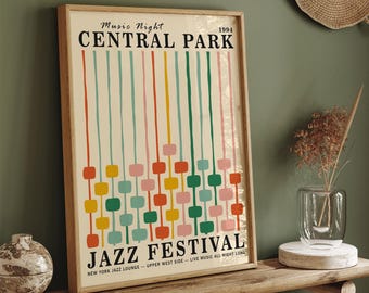 May include: A vintage-style poster advertising a 1994 Central Park Jazz Festival. The poster features a colorful abstract design with vertical lines and squares in shades of green, blue, yellow, pink, and orange. The text "Music Night 1994 CENTRAL PARK JAZZ FESTIVAL NEW YORK JAZZ LOUNGE - UPPER WEST SIDE - LIVE MUSIC ALL NIGHT LONG" is printed on the poster.