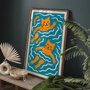 Whimsical Cats Swimming Poster, Cute Cat Art Print, Playful Feline Wall Art, Animal Illustration, Fun Cat Lover Gift, Cat Swimming in Water