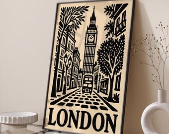 Impresión artística de pared con paisaje urbano de Londres, póster de viaje vintage negro