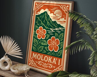 Moloki Hawaii Travel Poster, Tropical Landscape Wall Art