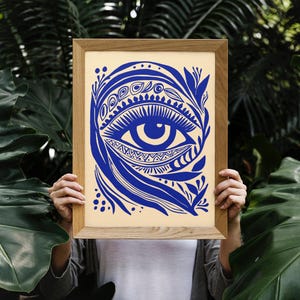 Boho Eye Art Print: Vibrant Blue Linocut Poster