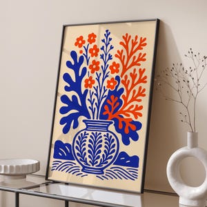Blue and Red Coral Reef Botanical Print | Coastal Ocean Wall Art | Nautical Beach House Decor | Marine Life Seaweed Sea Coral Poster