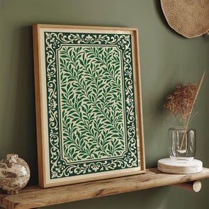 Green Botanical Poster, William Morris Inspired Leaf Print, Dark Forest Wall Art Decor
