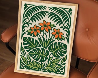 Tropical Botanical Wall Art Print, Jungle Floral Poster, Green Orange Nature Home Decor
