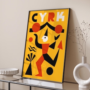 Cyrk Polish Circus Poster, Vintage Modernist Wall Art Print, Bold Abstract Geometric Design, Retro Mid Century Yellow Festival Wall Art