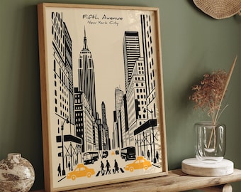Fifth Avenue New York City Print, Yellow Taxi Cab Wall Art, NYC Skyline Poster