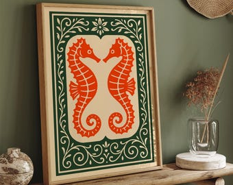 Seahorse Rococo Style Poster, Vintage Nautical Wall Art
