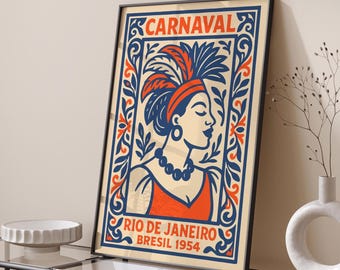 Carnaval Rio de Janeiro Brésil 1954 Poster, Vintage Travel Wall Art