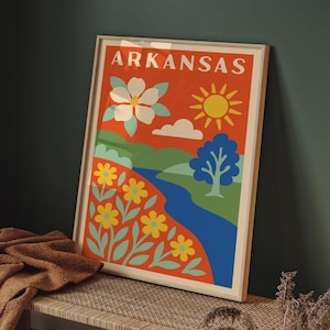 Affiche de voyage rétro de l'Arkansas, impression d'art vintage montagnes Ozark & rivière, impression de carte d'état colorée, art mural naturel, cadeau souvenir de l'Arkansas