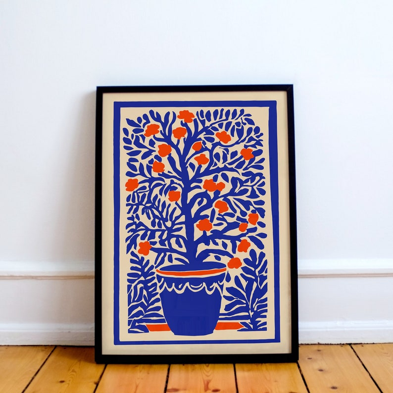 Affiche botanique bleue rétro, art mural vintage, imprimés floraux Indigo Boho, décor de chalet de campagne, imprimé inspiré de Matisse, art abstrait de la nature image 1