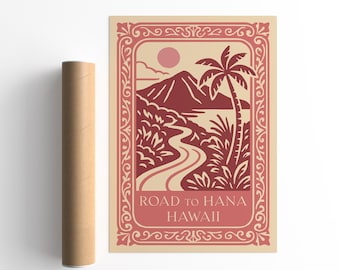 Road to Hana Hawaii Poster, Tropical Travel Print, Retro Landscape Wall Art