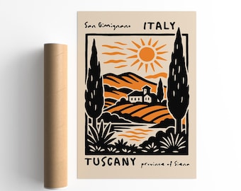 Póster de San Gimignano, Italia: Impresión artística retro de paisaje toscano