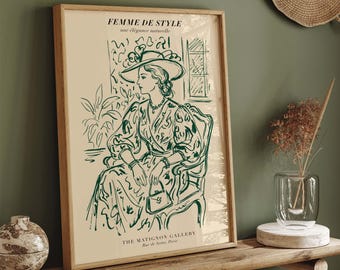 French Woman Line Art Print, Vintage Fashion Wall Art, Parisian Decor
