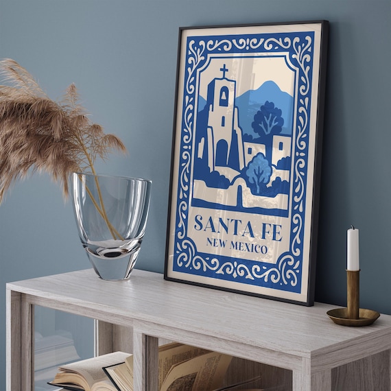 Santa Fe New Mexico Poster, Vintage Southwest Travel Print, Adobe Church Wall Art