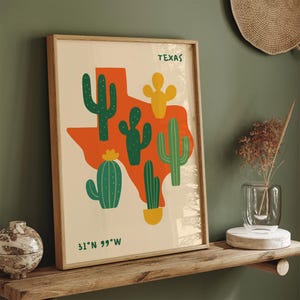 Impression d'art mural cactus du Texas, affiche de carte du désert du sud-ouest, décoration d'intérieur rustique du Texas, illustration botanique de cactus, impression d'art mural voyage