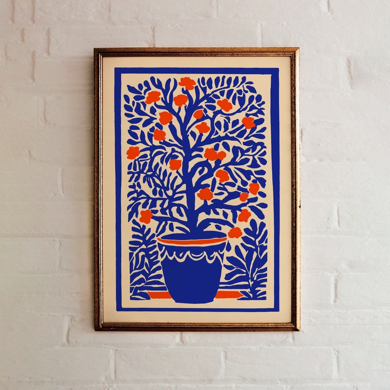Affiche botanique bleue rétro, art mural vintage, imprimés floraux Indigo Boho, décor de chalet de campagne, imprimé inspiré de Matisse, art abstrait de la nature image 4