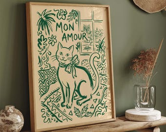 Mon Amour Cat Print, Paris Line Art, French Cat Wall Art, Boho Cat Poster
