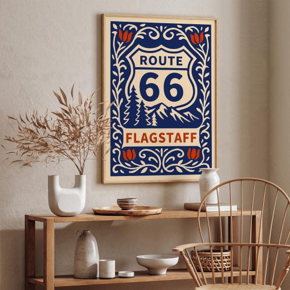 Route 66 Flagstaff Poster, Retro Travel Wall Art, Arizona Road