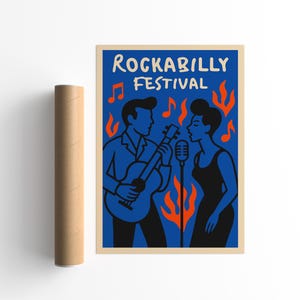 Rockabilly Festival Poster: Retro Guitar & Singer, 1950s Music Decor