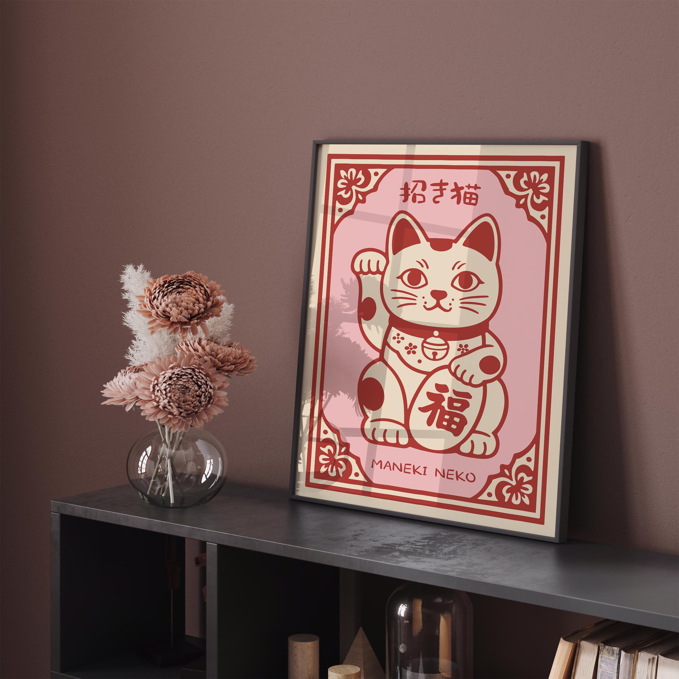 Maneki Neko Lucky Cat Poster | Japanese Fortune Cat Wall Art | Pink Red ...