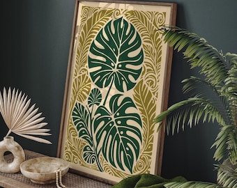 Monstera Leaf Art Print: Green Tropical Botanical Illustration