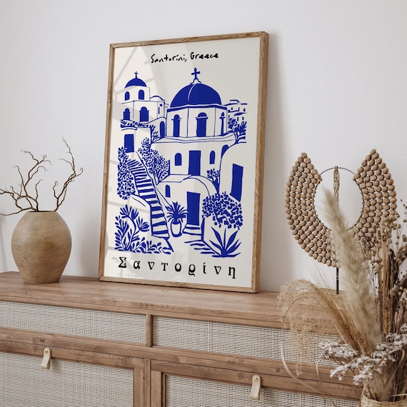 Santorini Greece Art Print: Blue & White Island Travel Poster