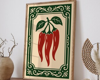 Retro Chili Pepper Kitchen Print: Rustic Mexican Wall Art