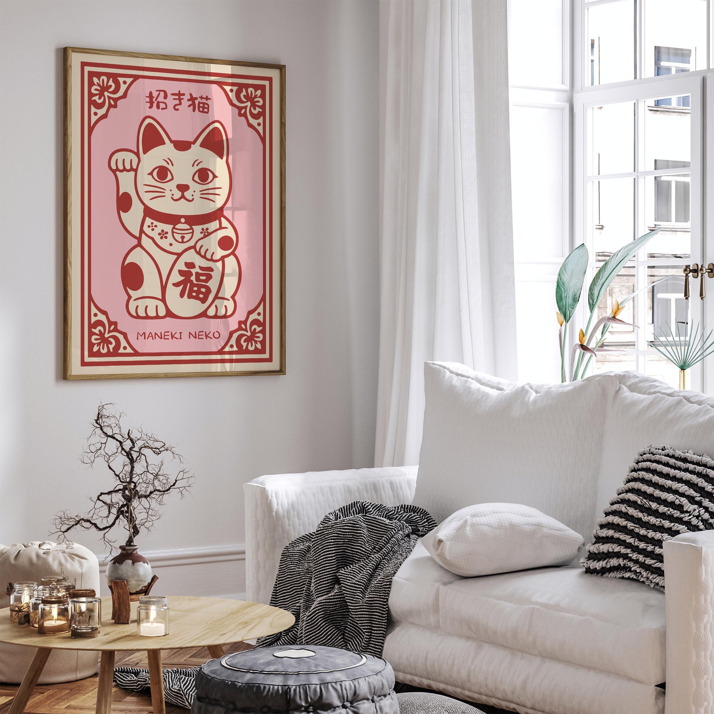 Maneki Neko Lucky Cat Poster | Japanese Fortune Cat Wall Art | Pink Red ...