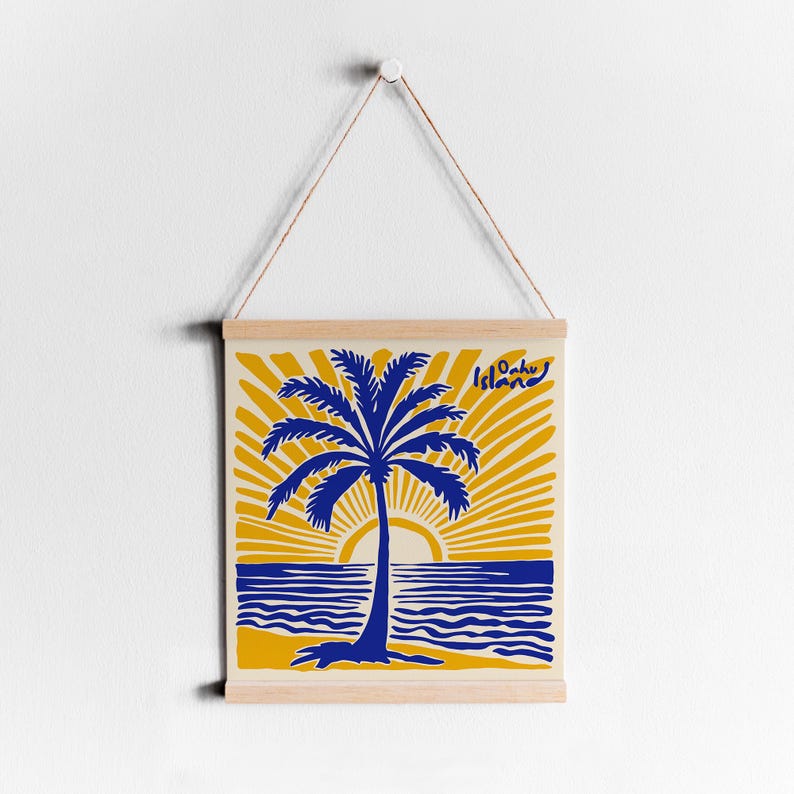 May include: A framed print of a blue palm tree with a yellow sun and ocean waves. The text 'Oahu Island' is in the upper right corner of the print.