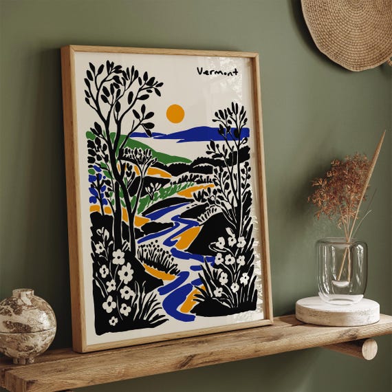 Vermont Landscape Art Print: Colorful River & Mountain Scene