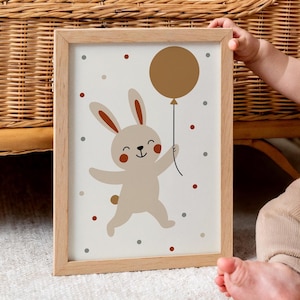 Adorable Bunny Holding Balloon Nursery Wall Art, Whimsical Woodland Animal Poster for Baby Room Decor, Cute Rabbit Print for Kids Bedroom