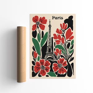 Paris France Floral Poster, Romantic Parisian Wall Art, French Country Home Decor, Eiffel Tower Art Print, Paris Lovers Gift, Hotel Decor