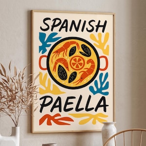 Spanish Paella Dish Poster, Kitchen Wall Decor, Vibrant Culinary Art Print, Mediterranean Food Poster, Rustic Home Dining Room Decoration