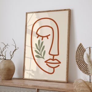Impression d'art minimaliste visage bohème, affiche d'art mural femme abstraite, dessin au trait botanique moderne, décoration esthétique Japandi pour intérieurs