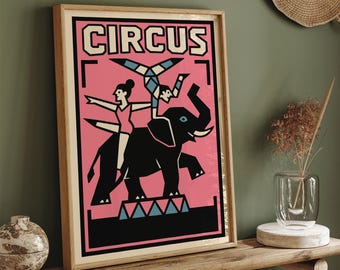 Retro Circus Elephant Poster – Whimsical Art Deco Wall Decor