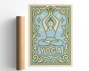 Yoga Poster Art, Retro Meditation Wall Decor, Boho Wellness Illustration, Calm Mind Body Print