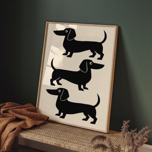 Three Dachshunds Dog Poster, Minimalist Black and Beige Sausage Dog Wall Art, Cute Wiener Dog Print, Modern Pet Lover Home Decor