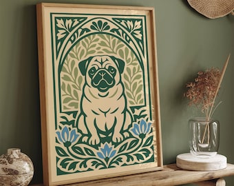 Art Nouveau Pug Dog Print | Botanical Floral Pet Art Poster