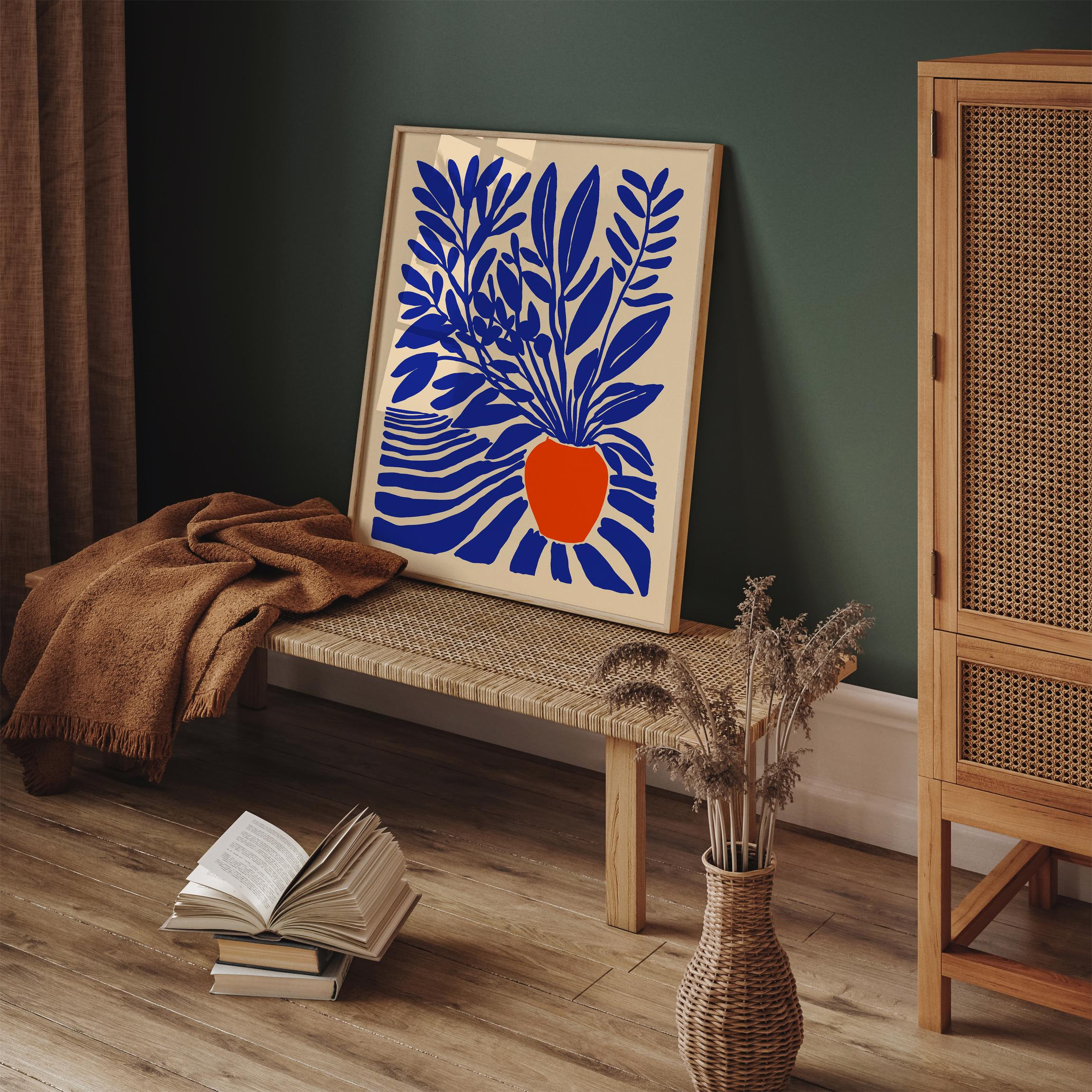 Retro Blue & Orange Botanical Art Print, Vibrant Minimalist Foliage Poster, Stylish Home Decor, Unique Gift Idea, Abstract Plant Wall Art