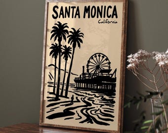 Santa Monica Travel Poster, California Pier & Palm Trees Wall Art