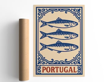 Portugal Sardine Poster – Vintage Coastal Kitchen Wall Art, Mediterranean Fish Print