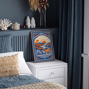California Poster, Vintage Sunset Palm Tree Print, Bold Blue Orange Travel Wall Art image 5