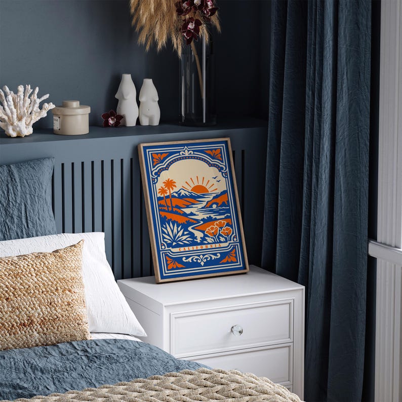 California Poster, Vintage Sunset Palm Tree Print, Bold Blue Orange Travel Wall Art image 5